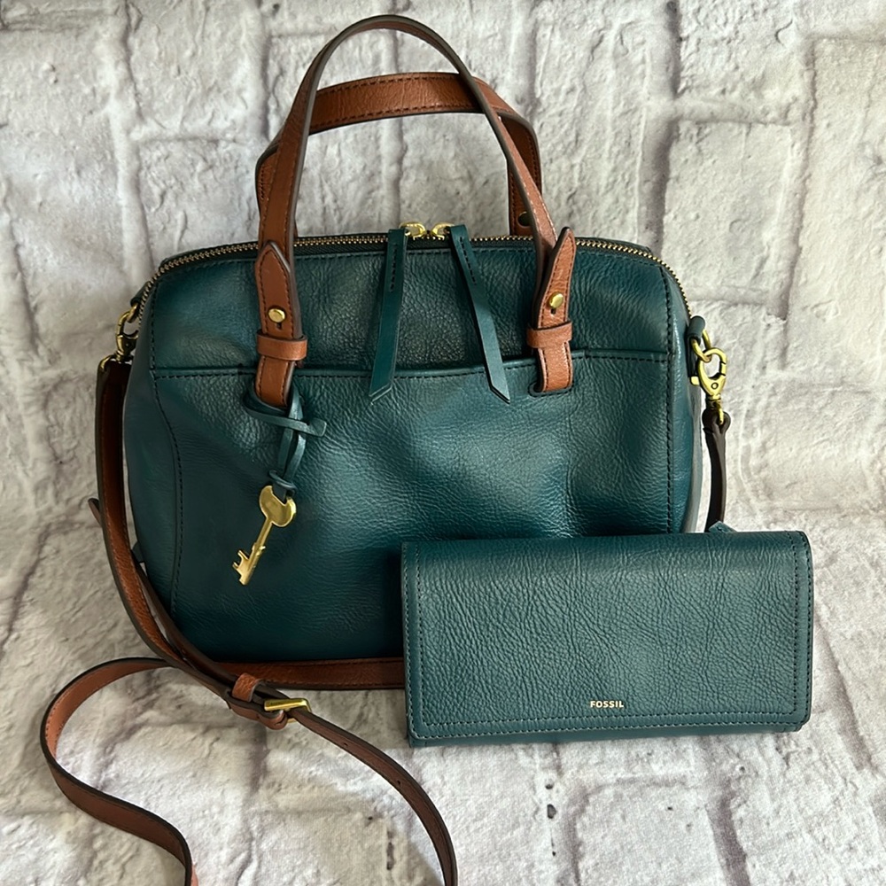 Fossil Indian teal Rachel satchel and Logan clutch